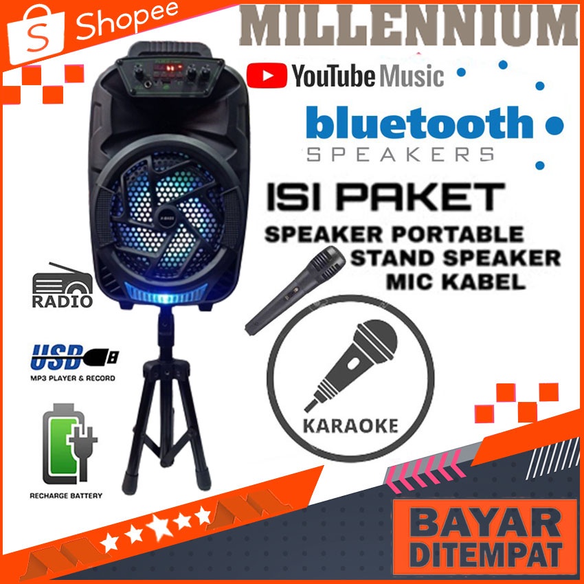 Speaker Portable Speaker Bluetooth Fleco F8863 Mic Kabe+Stand Speaker