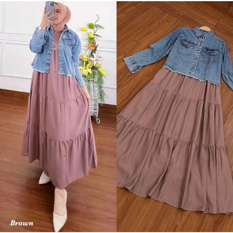 setelan midi dress set outer jeans HQ Import