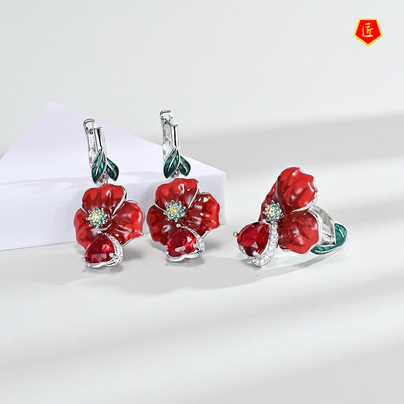[Ready Stock]Exaggerated Rose Ruby Heart-Shaped Ring Enamel Earrings Necklace Set