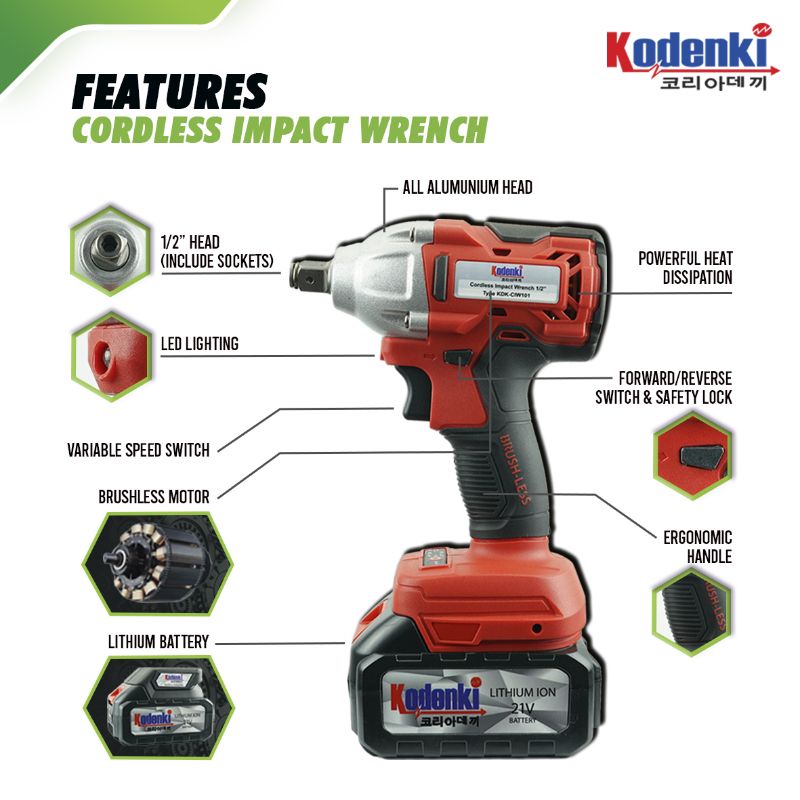 Cordless Impact Wrench Driver Kodenki Mesin Bor Buka Baut Baterai