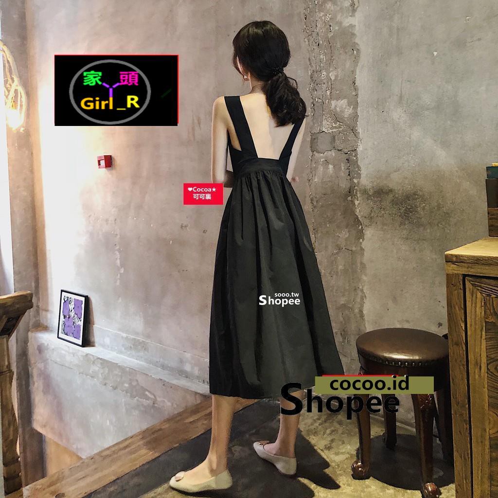 \u2764Girlmaid\u2764 Dress Midi Korea Square Neck Tanpa Lengan Rok A-Line Lipit Retro Casual untuk Wanita