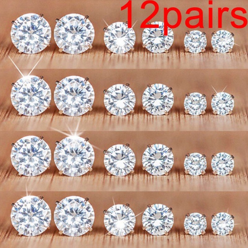 12 Pasang / Set Anting Tusuk Kristal Zircon Stainless Steel untuk Wanita