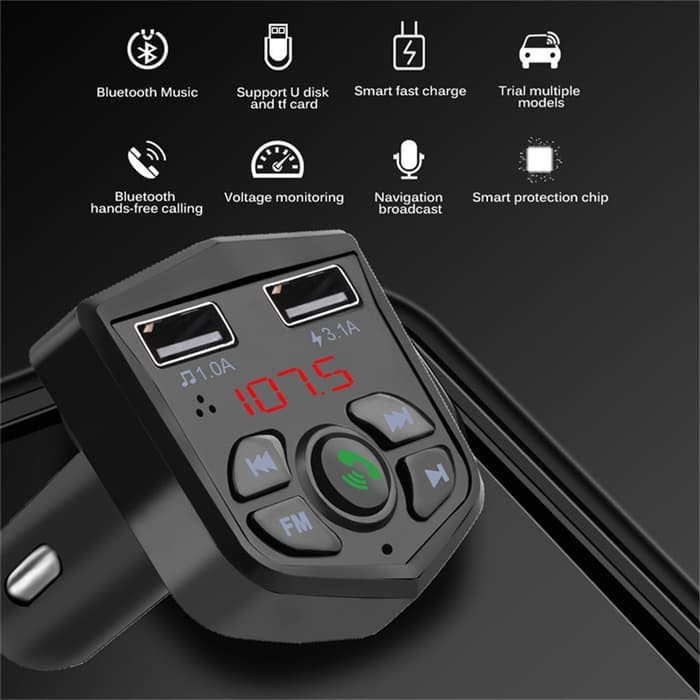 Handsfree Charger Mobil 2in1 Bluetooth 5.0 LCD Voltmeter FM Music MD42