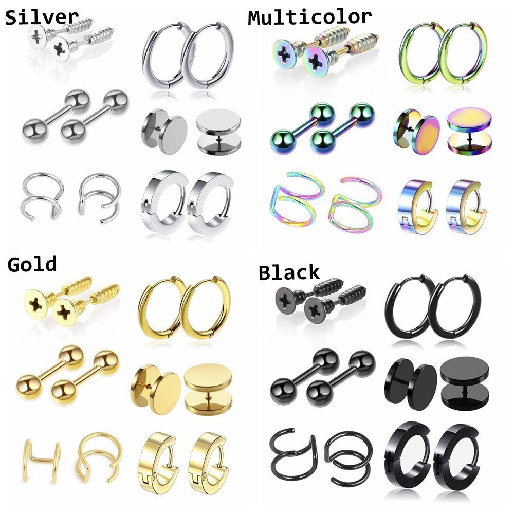 R-flower 6pasang/Set Anting Set Perhiasan Gothic Barbel Bar Stainless Steel Tragus Anting Tindik Hitam Dumbbell Stud