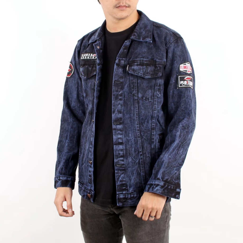 Terlaris - Jaket Jeans Pria Emblem Terbaru 2022/ Jaket Jeans Cowo Motif Bordir Keren