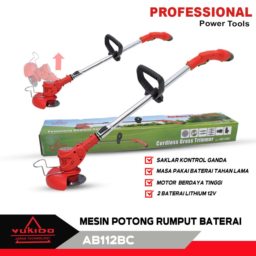 YUKIDO Mesin Potong Rumput 12V Cordless Lawn Mower Electric Grass Trimmer with Li-ion Batteries