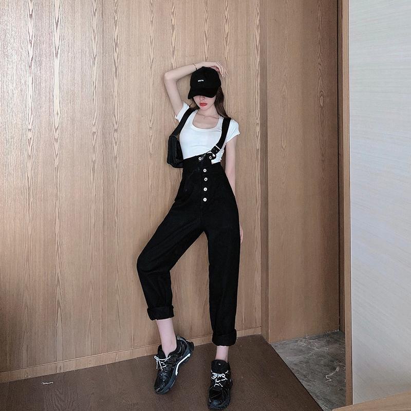 Jumpsuit Denim Korea Fashion Style Tali Ikat Celana Kodok Baru Celana Jean Santai Jumpsuit High Waist