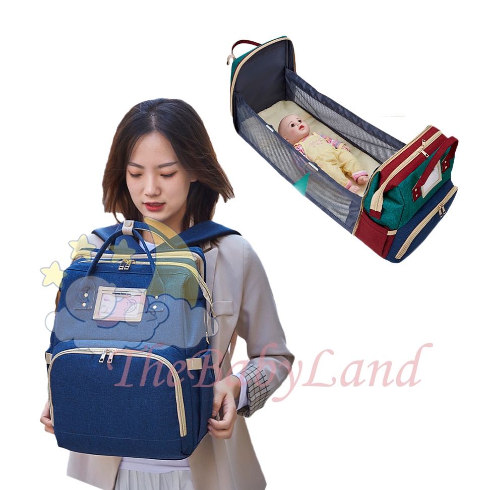 Babyland Tas Bayi Multifungsi Tempat tidur lipat Baby diapers bag Perawatan Perlengkapan Ransel Backpack Canvas Anti Air