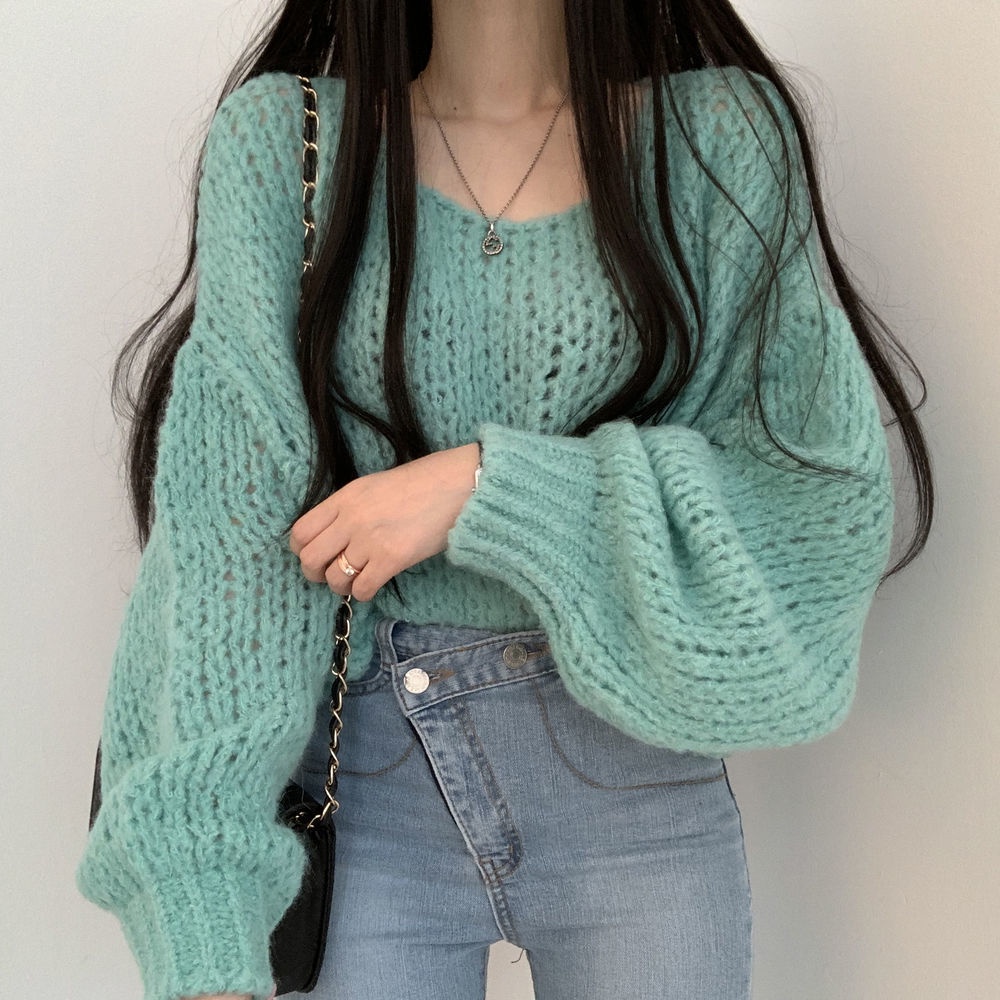 #Sisjuly# Wanita Serbaguna Pullover Berongga Sweater Rajut Longgar Pakaian Luar Lentera Lengan Sweat