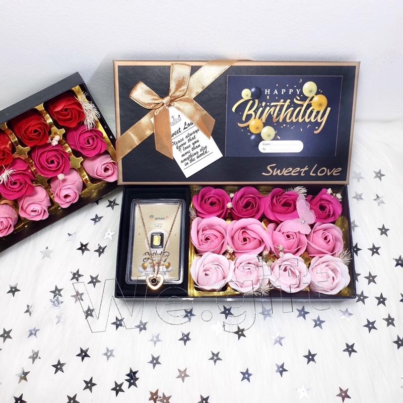 Kado Ulang Tahun, Birthday Gift Flower Box, Emas Antam & Kalung Love