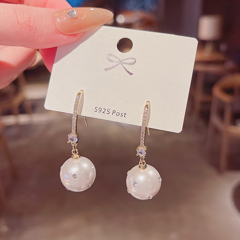 Shuling S925 Silver Needle Long Pearl Pendant Earrings Female Diamond Pearl Super Flash Micro Inlaid Earrings High Sense Earrings