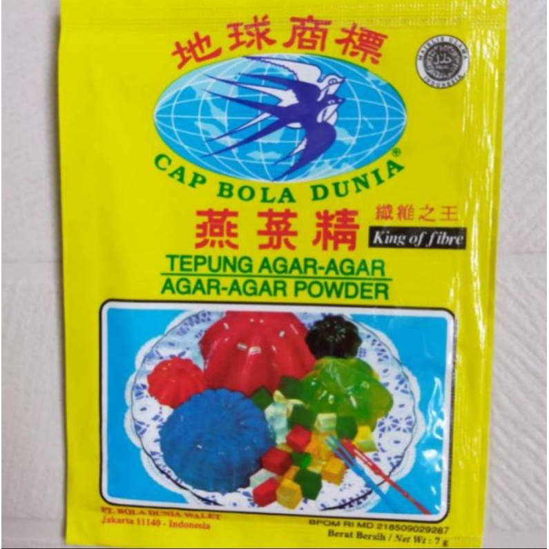 

TEPUNG AGAR-AGAR CAP BOLA DUNIA 7g (12 BUNGKUS/1 KOTAK) ISI 12 SACHET PERKOTAK