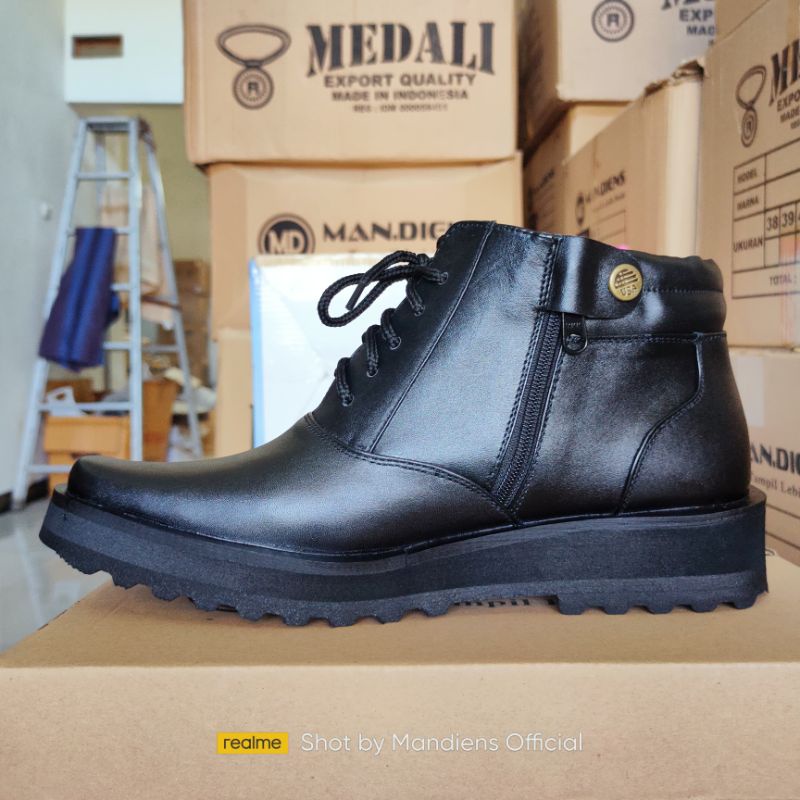 Mandiens Boots Kulit Pria S153 - Sepatu Kulit Hiker Flat - PDH TNI POLRI  Sol Tebal Datar Tali Resleting