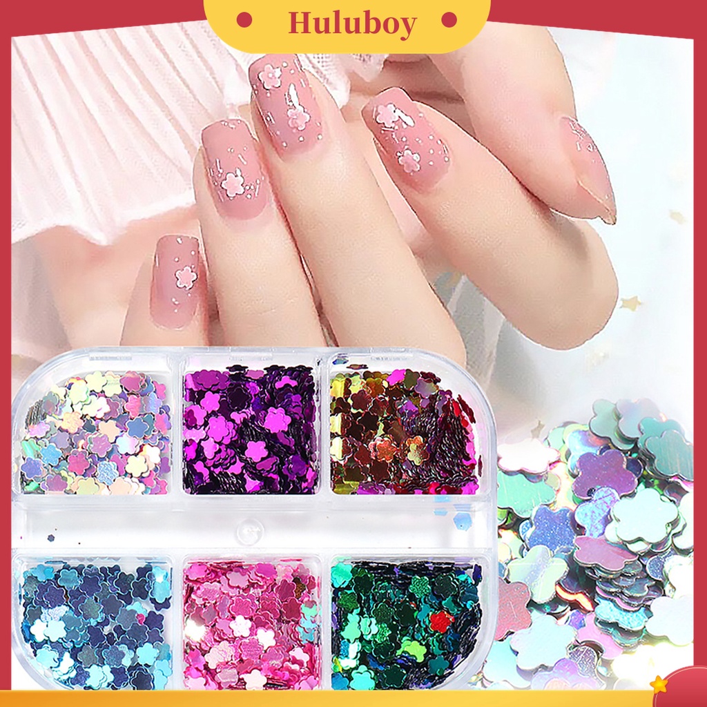 Huluboy Huluboy♡ 6 Grids / Box Serpihan Glitter Sequin Bentuk Bunga Ultra Tipis Untuk Dekorasi Manicure Charms
