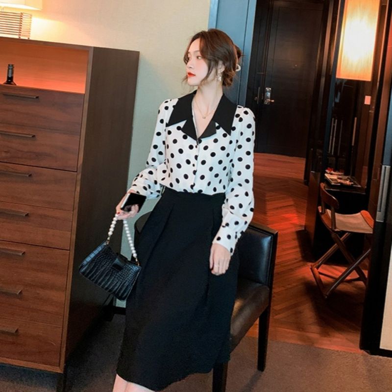 MDLV - 2160# Polkadot Notched Collar Shirt Blouse Polkadot Atasan Polkadot Lengan Panjang Fashion Import