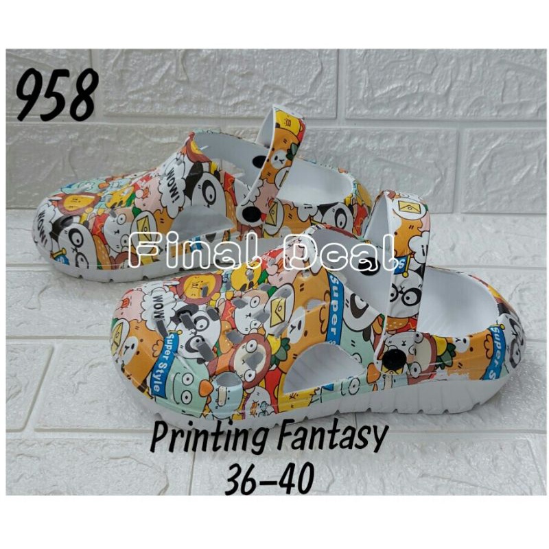 Sandal Baim Motif Printing Kartun 36-40 Sandal Crocs Anti Slip Sandal Kodok Sablon Lucu 958