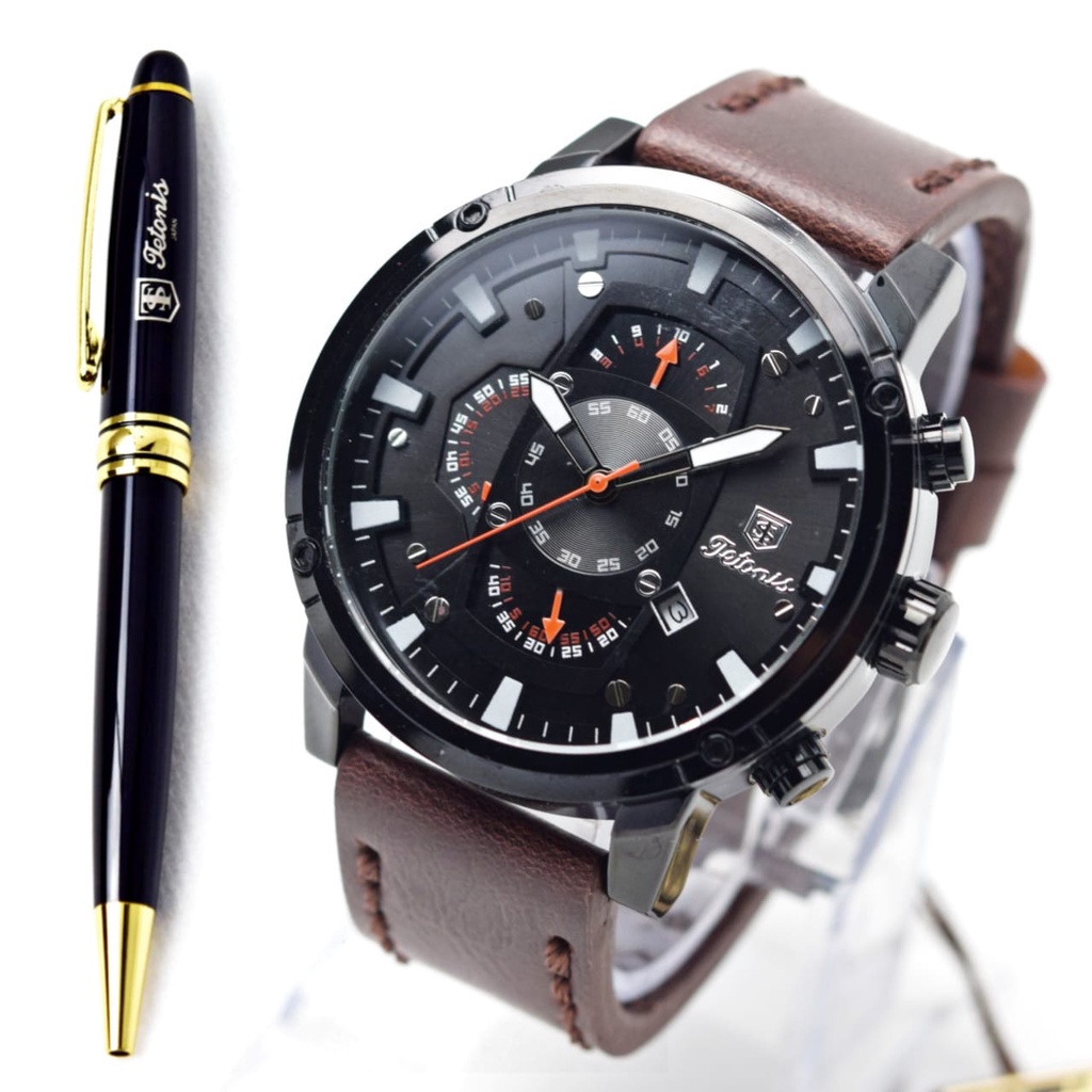 JAM TANGAN PRIA TETONIS ORIGINAL KULIT ANTI AIR CHRONO TANGGAL AKTIF CHRONO AKTIF FREE BOX BATERAI PULPEN BOLPEN ||