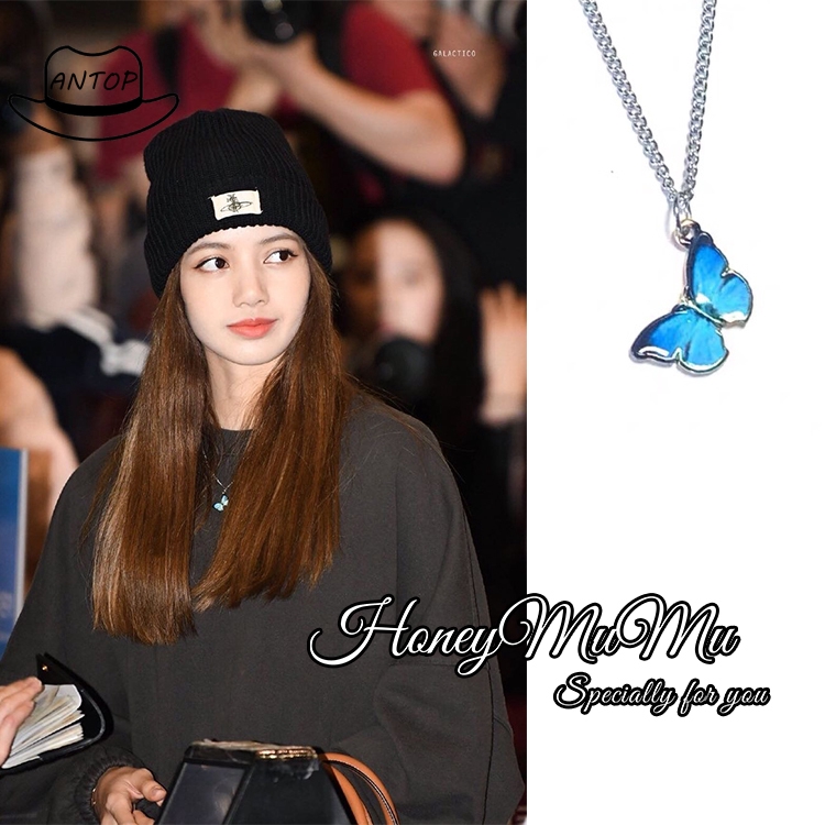 Antop！Kalung kupu-kupu biru keren gaya sederhana rantai klavikula, Fashion perhiasan