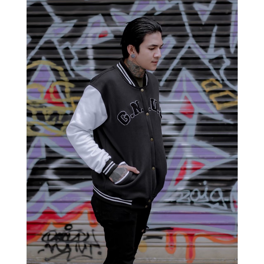 Varsity Jacket GNUS  Full Bordire - Jaket Bassebal Pria - Black-