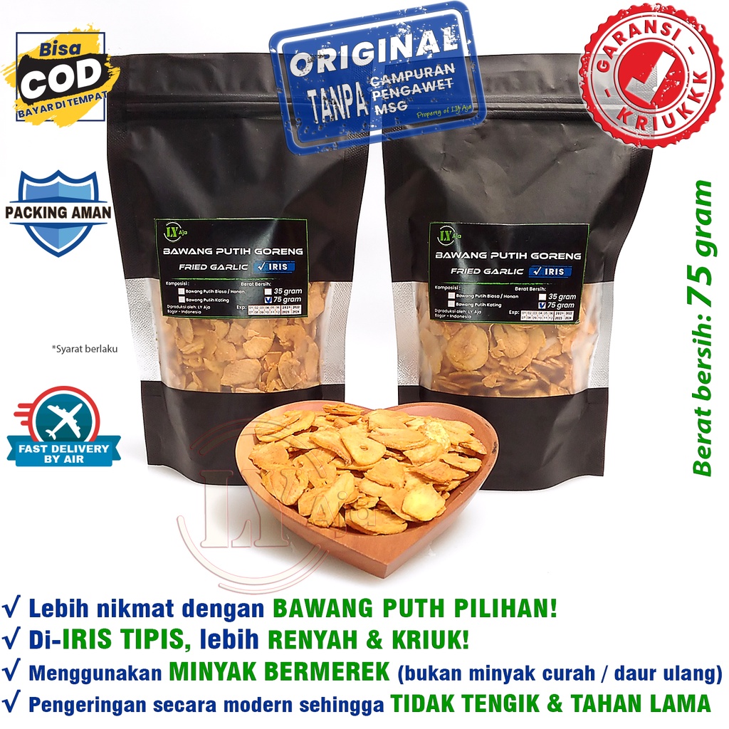 Bawang Putih Goreng Iris 75 Gram Asli Grade A Premium LY Aja Murni Honan Kating Tanpa Tepung 75 Gr