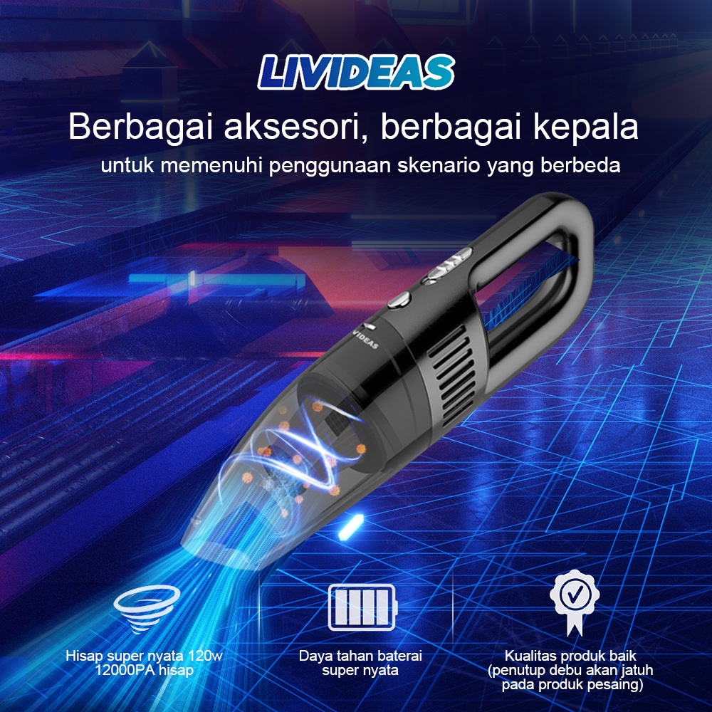 Livideas Vacuum Cleaner 120W Penyedot Debu Mobil Kuat Wet And Dry Cordless Vacuum Cleaner Penghisap Debu USB Rechargeable 5 dalam 1 tip