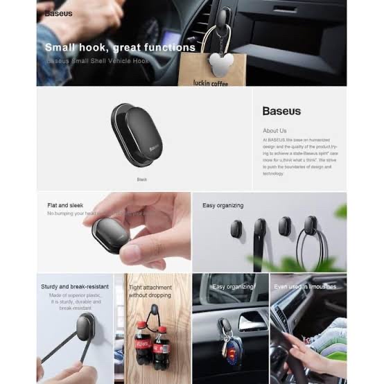 Baseus Gantungan Organizer Barang Mobil Car Hook Mount 4 PCS - ACGGBK-01 - Black