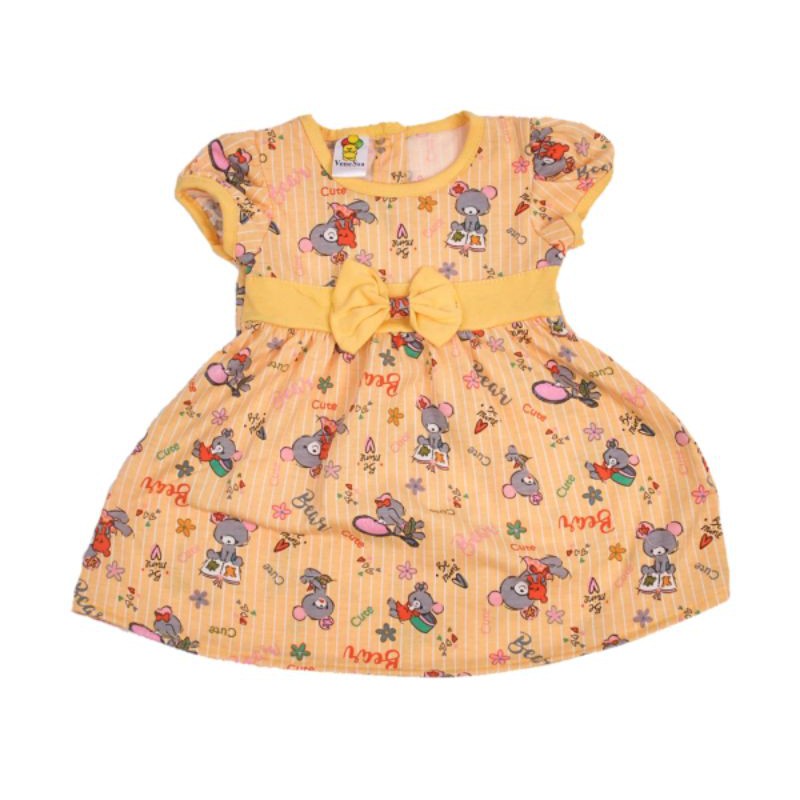 DRESS ANAK PEREMPUAN 1-2 TAHUN CUTE BE MINE BEAR WARNA KUNING PINK FANTA