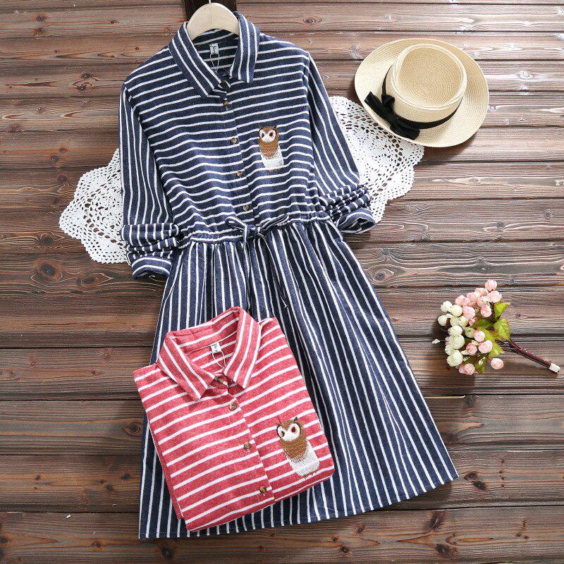 Gaun Casual Wanita Lengan Panjang dengan  Motif  Garis  Garis  