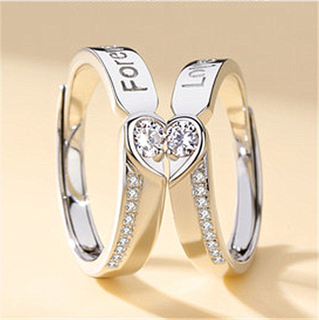 2pcs Cincin Zircon Silver Plated Desain Hati Forever Gaya Klasik Untuk Pria Dan Wanita