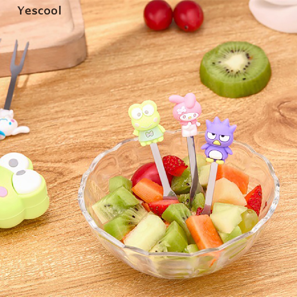 5pcs / Set Garpu Buah / Dessert Bahan Stainless Steel Motif Kartun Dengan Holder