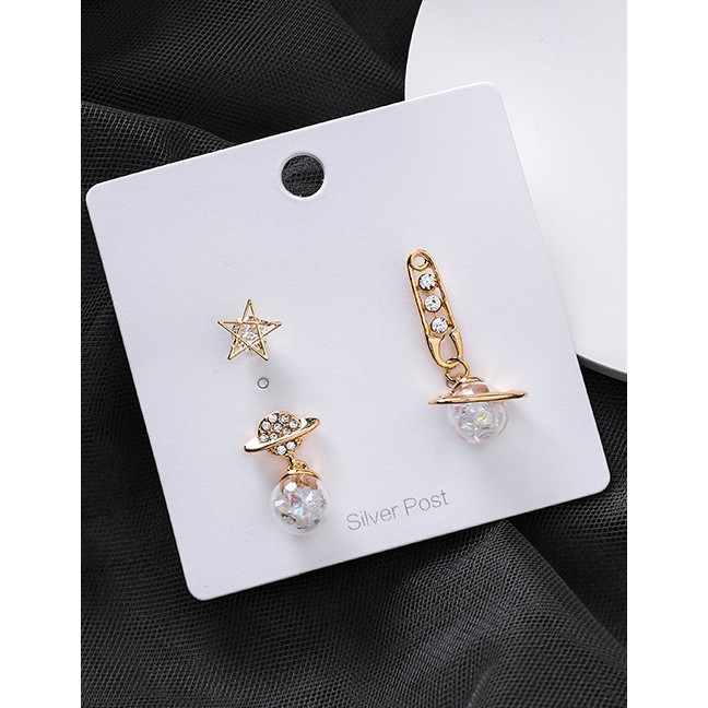 LRC Anting Tusuk Fashion Gold 925 Silver Needle Star Zircon Planet Three-piece Earrings F68102