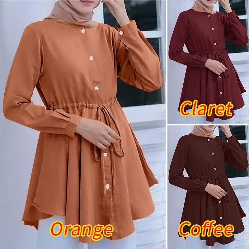 ZANZEA Women Fashion Muslim Full Sleeve Crew Neck Button Cuffs Shirt Loose Blouse