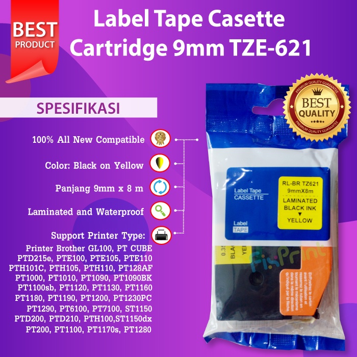 Brother Label Tape TZE-621 9mm Black On Yellow PT-D600 E800T E850TKW  Brother GL100, PT CUBE, PTD200, PTD210, PTD215e, PTE100, PTE105, PTE110, PTH100, PTH101C, PTH105, PTH110, PT128AF, PT200, PT1000, PT1010, PT1090, PT1090BK, PT1100, PT1100sb, PT1120, PT1