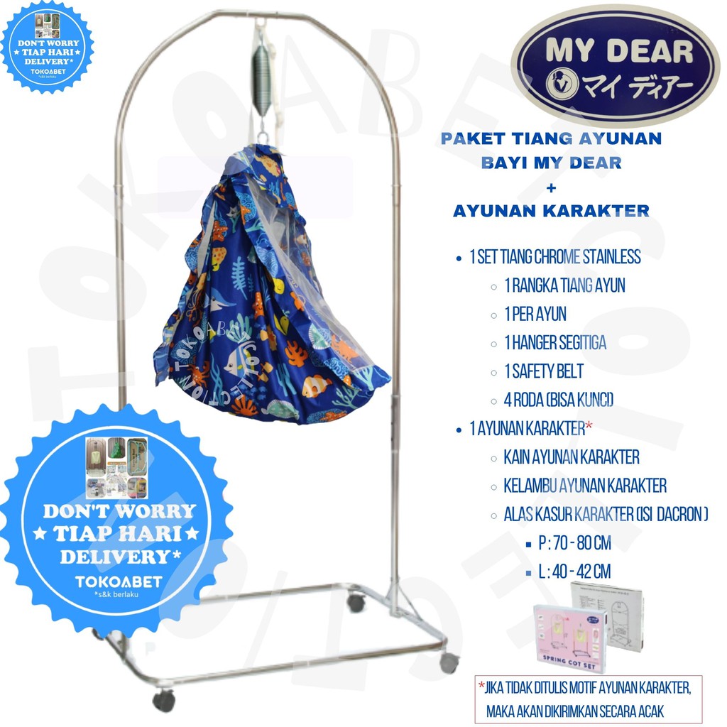 MY DEAR Paket Manual Tiang Ayunan Bayi Chrome Stainless Karaker Kain Kelambu Alas Kasur Per Hanger