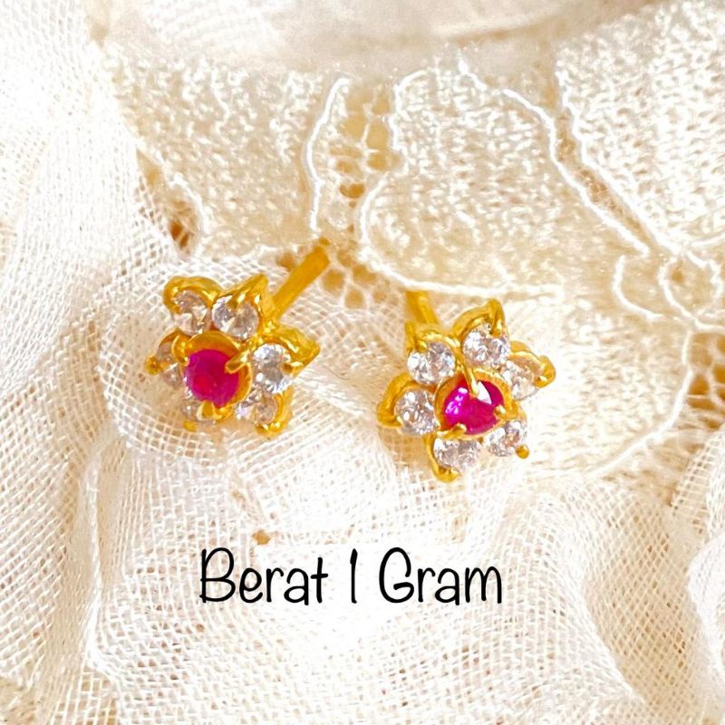Anting Emas Muda Dewasa Tusuk Bunga Merah 1 Gram
