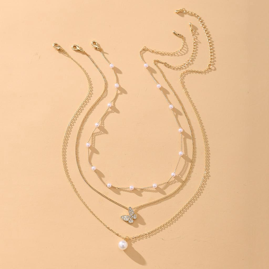 Fashion Multilayer Pearl Butterfly Pendant Necklace Elegant Luxury Zircon Clavicle Chain Jewelry Accessories Gift