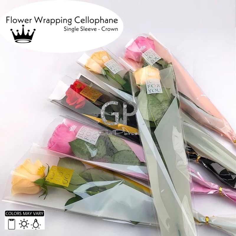 ( 5 Lembar ) CROWN -  FLOWER ROSE SLEEVE PACKING BAG - FLOWER WRAPPING PAPER 50x10 CELLOPHANE PLASTIC / KERTAS BUNGA