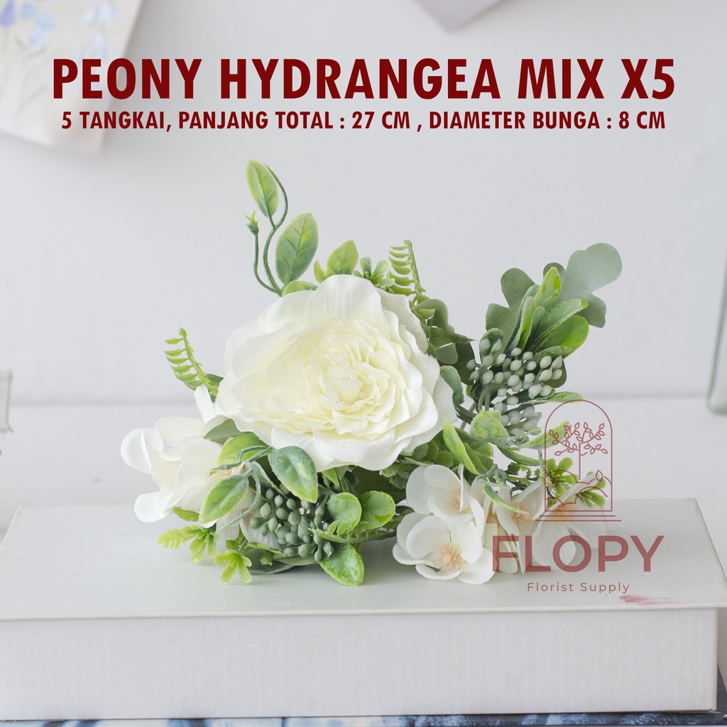 [5 Tangkai] Bunga Peony Hydrangea Mix X5 Artificial / Bunga Plastik Palsu Dekorasi Buket bunga Mahar Nikahan Rustic