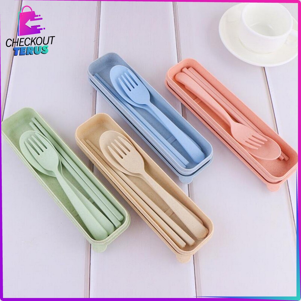 CT C176 Sendok Garpu Sumpit 3in1 Bahan Jerami Gandum Perlengkapan Makan Set Korea Impor Travel Cutlery Set