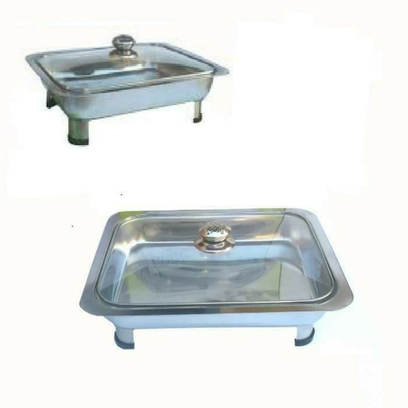 (Tutup kaca full) Fast Food Dish Prasmanan Kotak / Tempat Wadah Saji Makanan Stainless