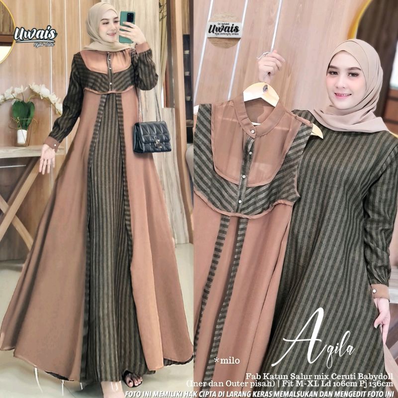 Restock Aqila Maxy Gamis Katun Salur Ceruty Original Uwais All Size Best Seller