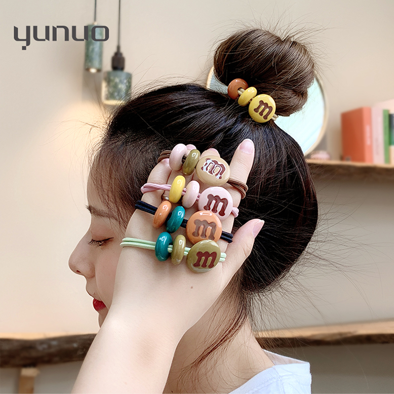 2pcs / set Ikat Rambut Tali Elastis Pendan Huruf H + Bola Coklat Gaya Korea Untuk Wanita