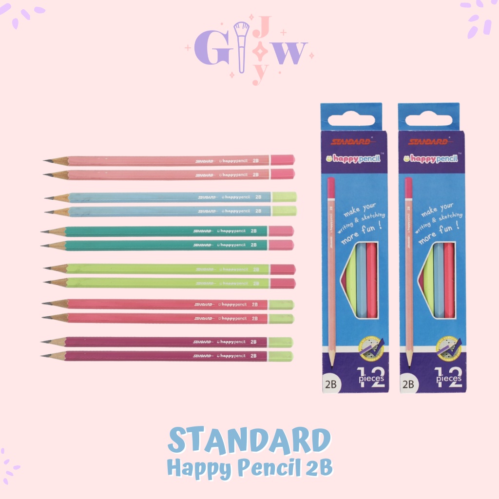 A60 STANDARD happy pencil 2b warna pastel ungu pink peach hijau biru merah muda blue green purple lilac orange kuning yellow fuchia pensil hapus murah original asli termurah viral