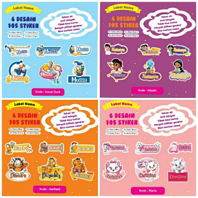 

Stiker / Label Nama 105 buah DONALD DUCK, ALLADIN, GARFIELD, MARIE