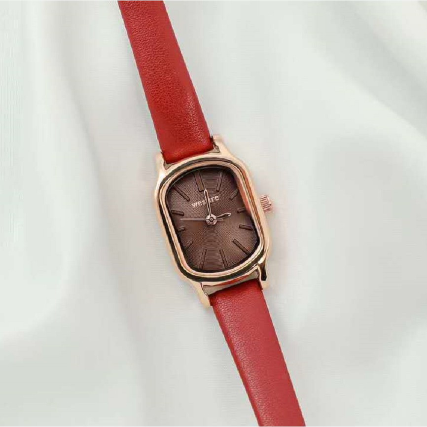 Jam Tangan Analog Wanita Kecil Strap PU Leather Dial Kotak Watch Korean Fashion Import-Merah