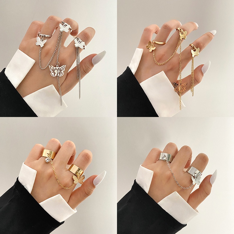 AY(CN) Set Cincin Rantai Model Butterfly Snake Warna Gold Silver Untuk Wanita