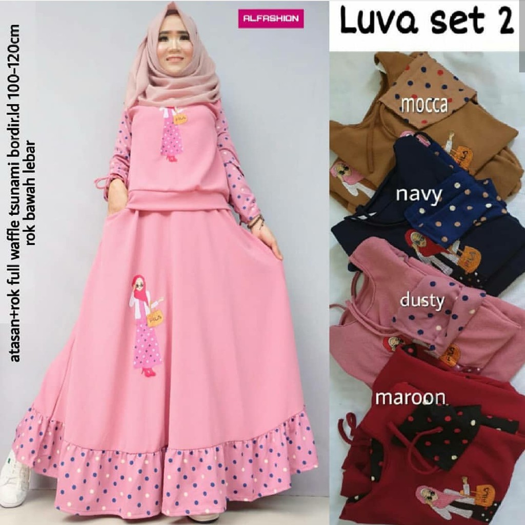LUVA 3 SET SERI@130 ECER@140 Matt Top + SKirt Waffle Tsunami, Aplikasi Bordir, Lengan Serut, Ro
