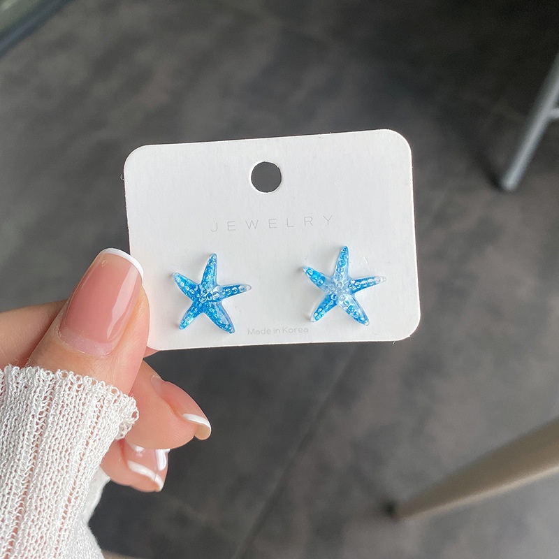 Korea Blue Starfish Earrings Female Small Shiny Earring