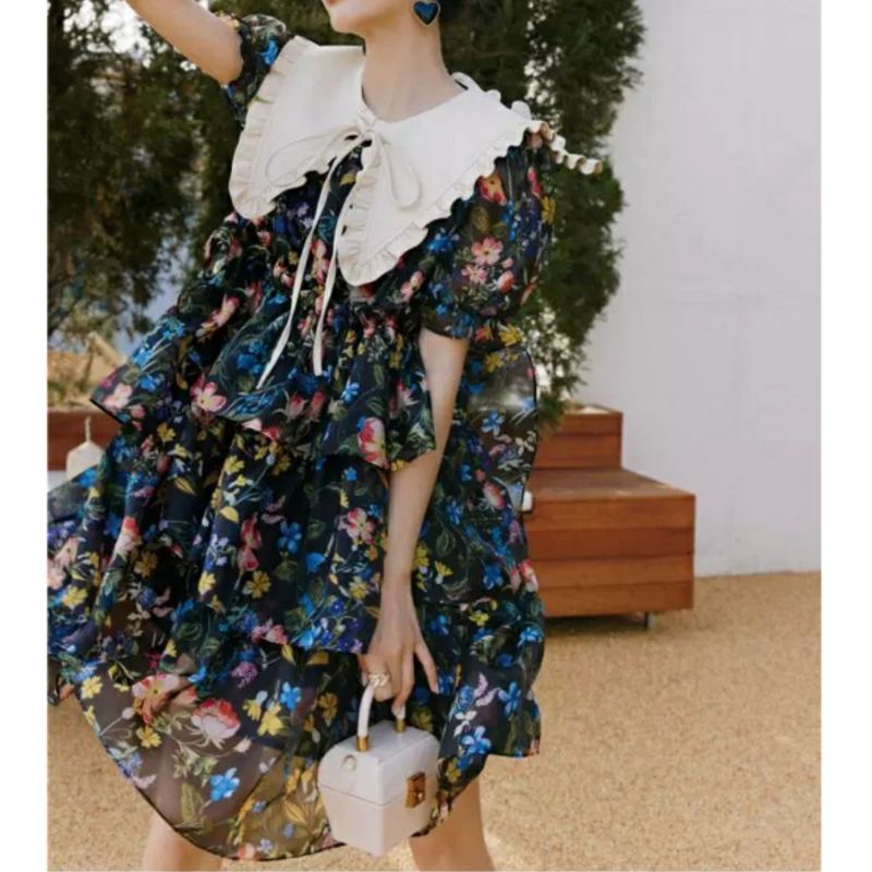 MDLV ~ 1894# Rosaria Tiered Mini Dress Layer Flower Dress Premium Korea Fashion import