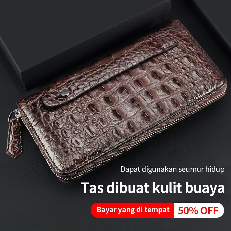 【WEIXIER】Dompet Pria Kulit Buaya 2 ritsleting 12 Slot Kartu (Hitam / Coklat)
